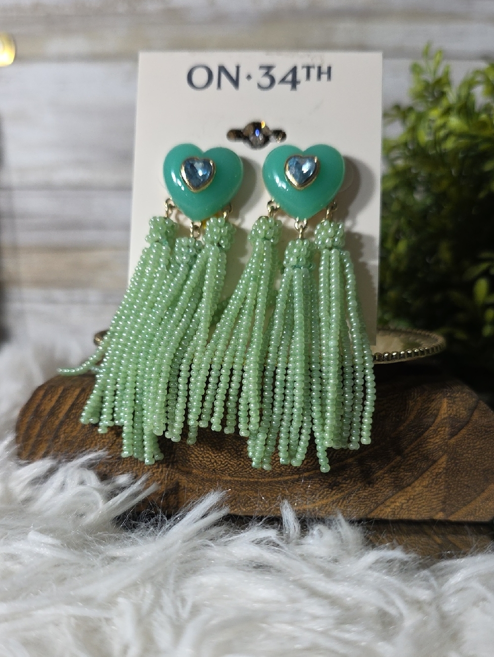 ON -34TH NEW Mint Green Heart Tassel Earrings